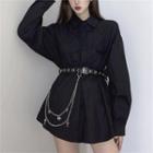 Plain Long-sleeve Shirt With Chain And Belt Black - One Size