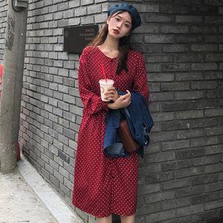 Long-sleeve Dotted Dress / Denim Vest