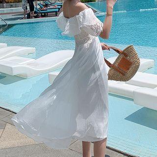 Lace Panel Off-shoulder Maxi A-line Dress