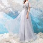 Short-sleeve Frill-trim Evening Gown