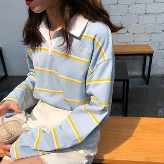 Long-sleeve Striped Collared T-shirt
