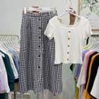 Short-sleeve Button Cropped T-shirt / Gingham Button Midi A-line Skirt