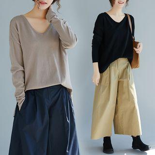 Plain V-neck Knit Shirt