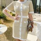 Short-sleeve Plaid Knit Mini Dress White Trim - Almond - One Size