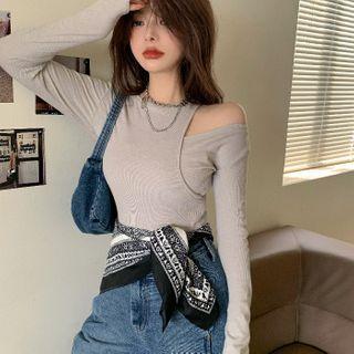 Mock Two-piece Long-sleeve Cutout T-shirt As Shown In Figure - One Size