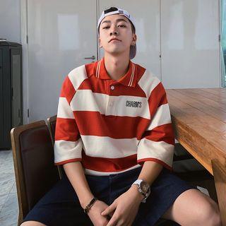 3/4-sleeve Striped Letter Placket T-shirt