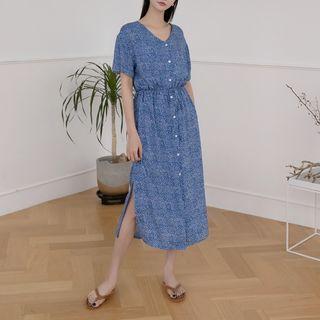 Slit-side Buttoned Maxi Floral Dress