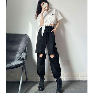 Short-sleeve Cropped T-shirt / Detachable Cutout Cargo Harem Pants