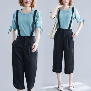 Set: Short-sleeve T-shirt + Cropped Jumper Pants As Shown In Figure - One Size
