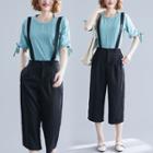 Set: Short-sleeve T-shirt + Cropped Jumper Pants As Shown In Figure - One Size