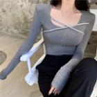 Rhinestone Cross Long-sleeve T-shirt Gray - One Size