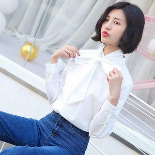 Long-sleeve Tie-neck Long Shirt