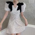 Puff-sleeve Bow Dotted Mini A-line Dress