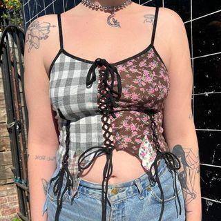 Lace-up Plaid Panel Floral Print Crop Camisole Top