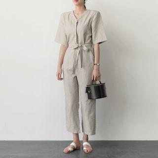 V-neck Hidden-button Jumpsuit With Sash