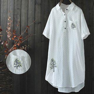Tree Embroidered Short-sleeve Shirt Dress
