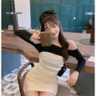 Long-sleeve Asymmetric Shoulder Plain T-shirt / Plain Slim Fit Tube Dress