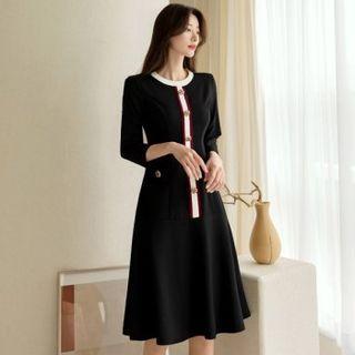 3/4-sleeve Button-trim A-line Dress
