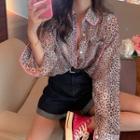 Contrast-trim Leopard Print Long-sleeve Sheer Shirt As Shown In Figure - One Size