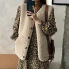 Mock-turtleneck Long-sleeve T-shirt / Puff-sleeve Floral Print Midi A-line Dress / Buttoned Vest