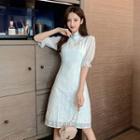 Puff-sleeve Embroidered Plain Dress