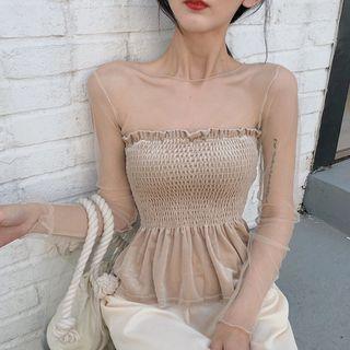 Mock Two-piece Long-sleeve Mesh Panel Smocked Top