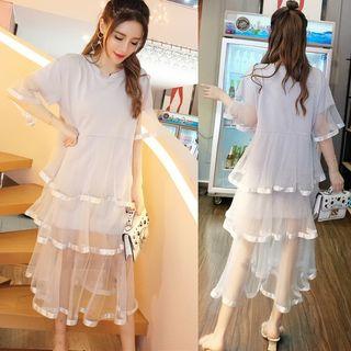 Elbow-sleeve Mesh Midi Layered Dress Gray - One Size