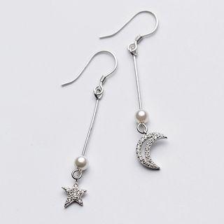 925 Sterling Silver Rhinestone Moon And Star Non-matching Drop Earring