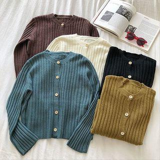 Plain Crewneck Single-breasted Rib Knit Long-sleeve Top