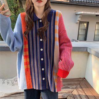 Plaid Panel Striped Collared Cardigan As Shown In Figure - One Size