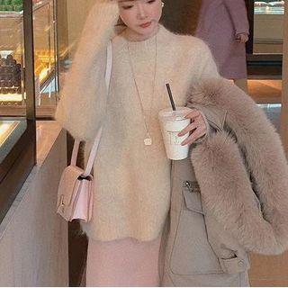 Mock-neck Sweater / Lace Trim Midi Pencil Skirt