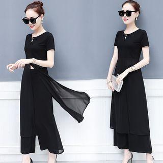 Set: Short-sleeve Slit Long Top + Wide-leg Pants