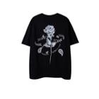 Elbow-sleeve Floral Lettering T-shirt