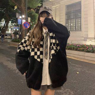 Stand Collar Checkerboard Fleece Jacket Black & Check - Black & White - One Size