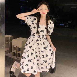 Square-neck Bow Print Dress