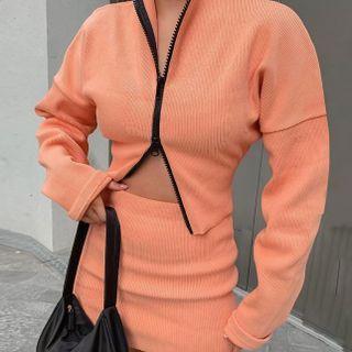 Set: Zip-up Long-sleeve Crop Top + Mini Pencil Skirt