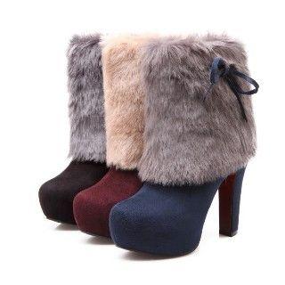 Chunky-heel Bow-accent Fleece-lining Ankle Boots