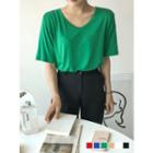 V-neck Vivid-color Textured T-shirt