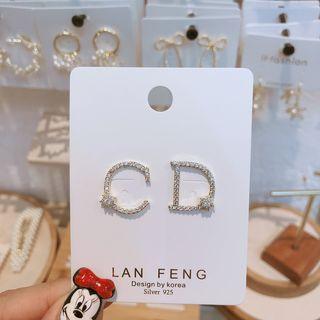 Rhinestone Lettering Earring 925 Silver Needle - Letter - C & D - One Size