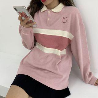 Long-sleeve Bear Embroidered Color Block Polo Shirt