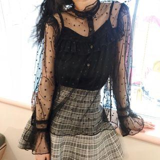 Set: Mesh Panel Long-sleeve Top + Spaghetti Strap Top