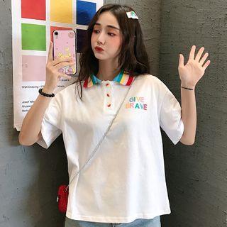 Rainbow Collar Lettering Short-sleeve Polo Shirt