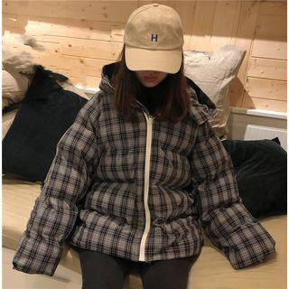 Hooded Plaid Padded Zip Jacket Black - One Size