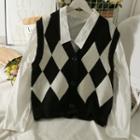 Set: Argyle Button-up Knit Vest + Loose Shirt