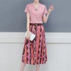 Set: Short-sleeve V-neck T-shirt + Print A-line Skirt