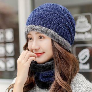 Set: Ribbed Fleece-lined Knit Beanie + Scarf