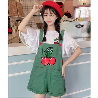 Ruffle Short-sleeve Cherry Applique T-shirt / Jumper Shorts