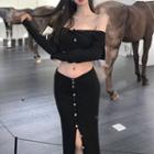 Off-shoulder Button-up Crop Top / Low Rise Slit Knit Maxi Skirt