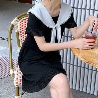 Printed Lace-trim Sailor Collar Short-sleeve Dress