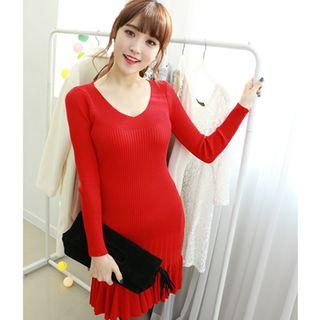 V-neck Ruffle-hem Ribbed Knit Dress